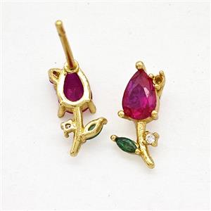 Copper Flower Stud Earrings Pave Crystal Glass Gold Plated, approx 4-12mm