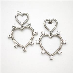 Copper Heart Stud Earrings Pave Zirconia Platinum Plated, approx 12mm, 25mm