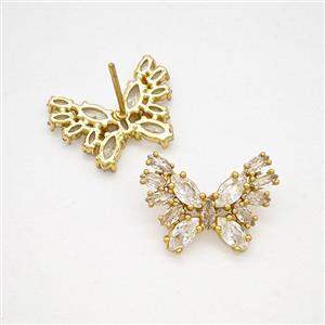 Copper Butterfly Stud Earrings Pave Zirconia Gold Plated, approx 13-18mm
