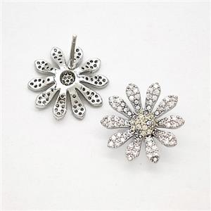Copper Sunflower Stud Earrings Pave Zirconia Platinum Plated, approx 16mm