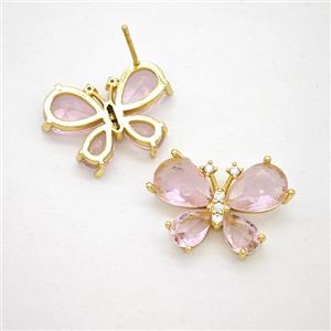 Copper Butterfly Stud Earrings Pave Pink Crystal Glass Gold Plated, approx 15-20mm