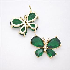 Copper Butterfly Stud Earrings Pave Green Crystal Glass Gold Plated, approx 15-20mm