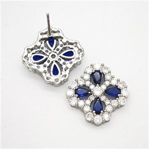 Copper Flower Stud Earrings Pave Zirconia Blue Crystal Glass Platinum Plated, approx 16-19mm