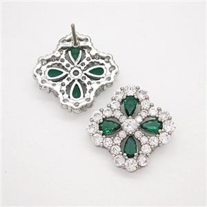 Copper Flower Stud Earrings Pave Zirconia Green Crystal Glass Platinum Plated, approx 16-19mm