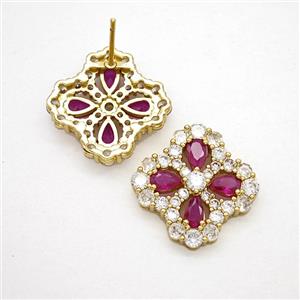 Copper Flower Stud Earrings Pave Zirconia Fuchsia Crystal Glass Gold Plated, approx 16-19mm
