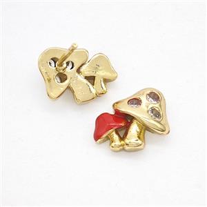 Copper Mushroom Stud Earrings Pave Zirconia Red Enamel Gold Plated, approx 11-12mm