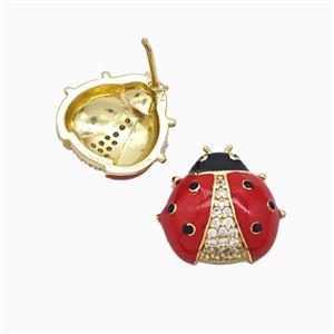 Copper Ladybug Stud Earrings Pave Zirconia Red Enamel Gold Plated, approx 15-17mm