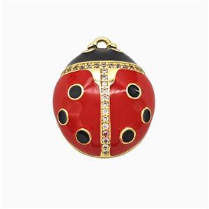 Copper Ladybug Pendant Pave Zirconia Red Enamel Gold Plated, approx 16-18mm