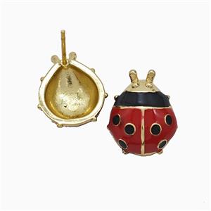 Copper Ladybug Stud Earrings Red Enamel Gold Plated, approx 13-16mm