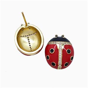 Copper Ladybug Stud Earrings Pave Zirconia Red Enamel Gold Plated, approx 14-17mm