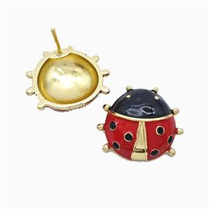 Copper Ladybug Stud Earrings Red Enamel Gold Plated, approx 18-20mm