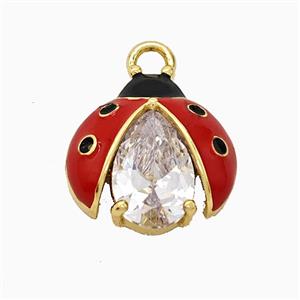 Copper Ladybug Pendant Pave Crystal Glass Red Enamel Gold Plated, approx 17mm