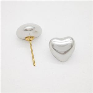 White Pearlized Resin Heart Stud Earrings Copper Gold Plated, approx 11.5mm