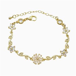 Copper Flower Bracelet Pave Crystal Glass Gold Plated, approx 8mm, 11mm, 17-22cm length