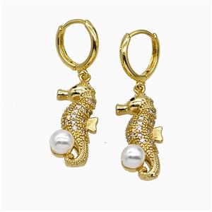 Copper Seahorse Hoop Earrings Pave Zirconia Pearlized Resin Gold Plated, approx 11-25mm, 14mm dia