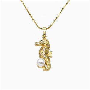 Copper Seahorse Necklace Pave Zirconia Pearlized Resin Gold Plated, approx 11-25mm, 1mm, 46cm length
