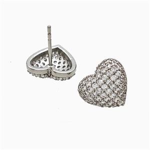 Copper Heart Stud Earrings Micropave Zirconia Platinum Plated, approx 12mm
