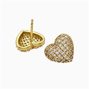 Copper Heart Stud Earrings Micropave Zirconia Gold Plated, approx 12mm