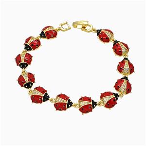 Copper Ladybug Bracelet Pave Zirconia Red Enamel Gold Plated, approx 11mm, 18cm length
