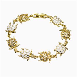 Copper Tortoise Bracelet Pave Zirconia White Enamel Gold Plated, approx 13-20mm, 18cm length