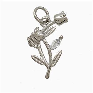 Copper Tulip Flower Pendant Pave Zirconia Platinum Plated, approx 10-20mm