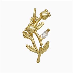 Copper Tulip Flower Pendant Pave Zirconia Gold Plated, approx 10-20mm