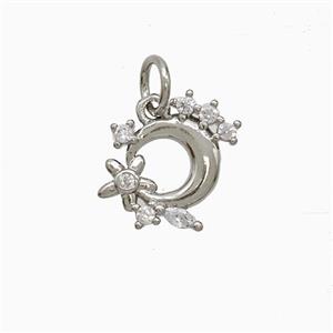 Copper Moon Flower Pendant Pave Zirconia Platinum Plated, approx 12-13mm