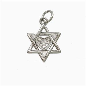 Copper David Star Pendant Pave Zirconia Heart Platinum Plated, approx 14mm
