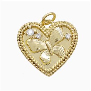 Copper Heart Butterfly Pendant Pave Zirconia Gold Plated, approx 18mm