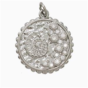 Copper Spiral Shell Pendant Pave Zirconia Circle Platinum Plated, approx 20mm