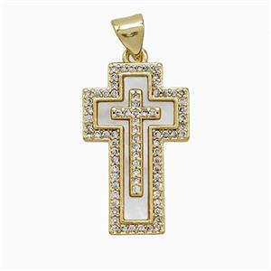 Copper Cross Pendant Pave Zirconia Shell Gold Plated, approx 14-22mm