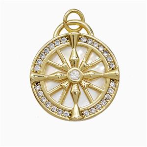Dharma Wheel Charms Copper Pendant Pave Zirconia Shell Circle Gold Plated, approx 19mm