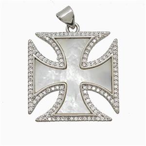Copper Cross Pendant Pave Zirconia Shell Platinum Plated, approx 23mm