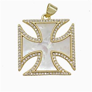 Copper Cross Pendant Pave Zirconia Shell Gold Plated, approx 23mm