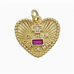 Copper Heart Pendant Pave Zirconia French Love Cross Gold Plated, approx 14-17mm