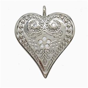 Copper Heart Pendant Pave Zirconia Platinum Plated, approx 20mm