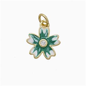 Copper Flower Pendant Green Enamel Gold Plated, approx 12mm