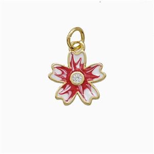 Copper Flower Pendant Red Enamel Gold Plated, approx 12mm