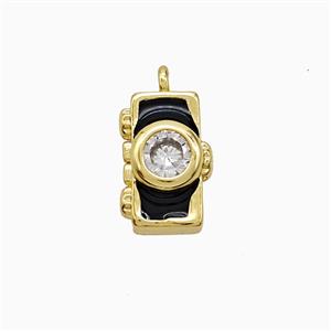 Copper Camera Pendant Pave Zirconia Black Enamel Gold Plated, approx 8-13mm