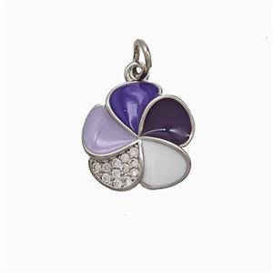 Copper Flower Pendant Pave Zirconia Purple Enamel Platinum Plated, approx 14mm
