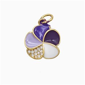 Copper Flower Pendant Pave Zirconia Purple Enamel Gold Plated, approx 14mm