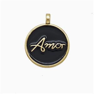 Copper Amor Pendant Black Enamel Circle Gold Plated, approx 15mm