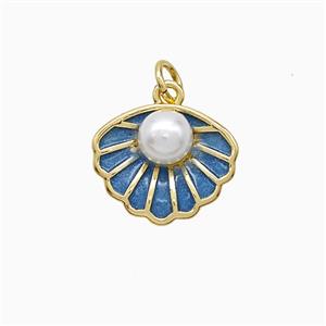 Copper Scallop Shell Pendant Pave Resin Teal Painted Gold Plated, approx 15mm