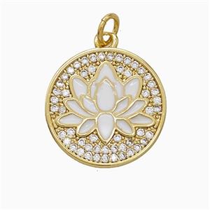 Copper Lotus Pendant Pave Zirconia White Enamel Flower Gold Plated, approx 17.5mm