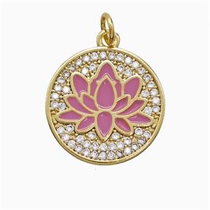 Copper Lotus Pendant Pave Zirconia Pink Enamel Flower Gold Plated, approx 17.5mm