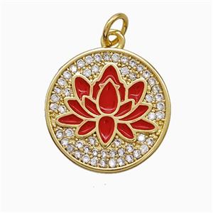 Copper Lotus Pendant Pave Zirconia Red Enamel Flower Gold Plated, approx 17.5mm