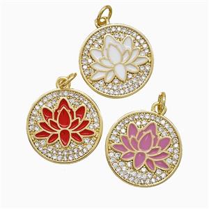 Copper Lotus Pendant Pave Zirconia Enamel Flower Gold Plated Mixed, approx 17.5mm