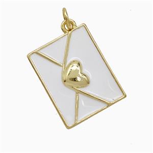 Copper Envelope Pendant White Enamel Heart Lover Gold Plated, approx 15-19mm