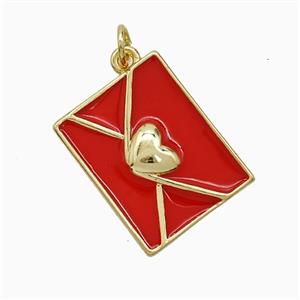 Copper Envelope Pendant Red Enamel Heart Lover Gold Plated, approx 15-19mm