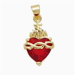 Copper Heart Pendant Pave Red Crystal Glass 18K Gold Plated, approx 11-18mm